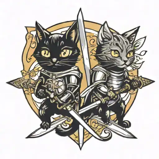 Two Black Cats As Knights With Swords