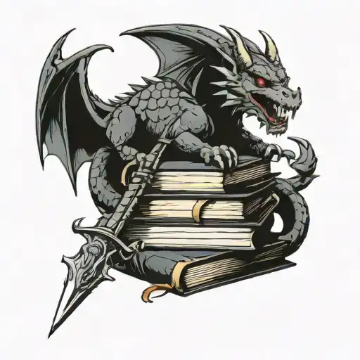 Small Book Stack With Dragon And Sword And Crown And Werewolf Head And Wand