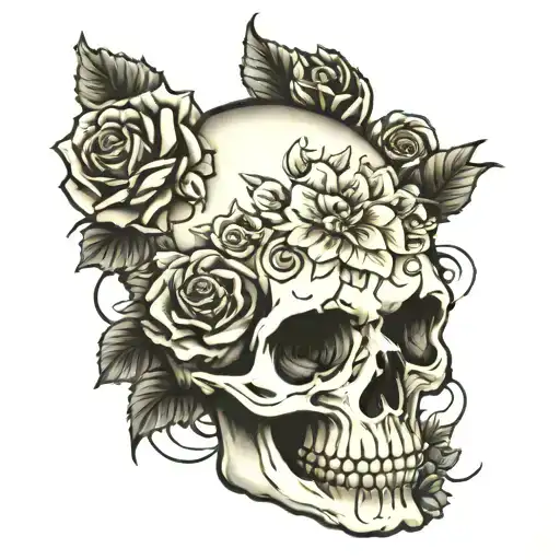 Skull And Roses Blooming