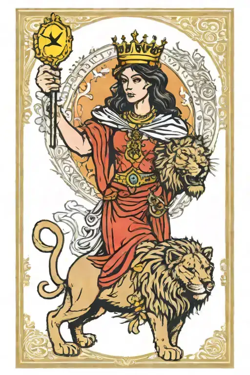 Strength Tarot Card Featuring Girl And Lion Wearing A Crown