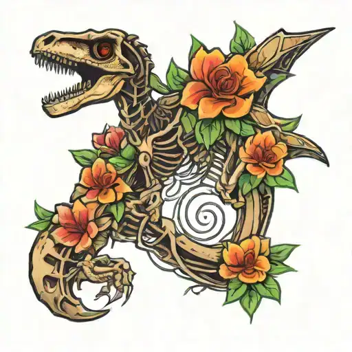 Velociraptor Skeleton With Flowers Blooming