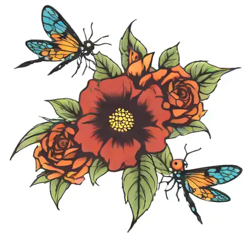 Dragon Fly And Humming Bird With Ladybug Sitting Side By Side