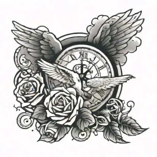 Clouds Surrounding And A Rose And 1 Big Dove And 2 Little Doves And 3 Ribbons And A Clock