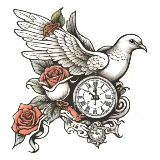 Dove With A Clock And A Rose And Three Ribbons And Another Two Doves
