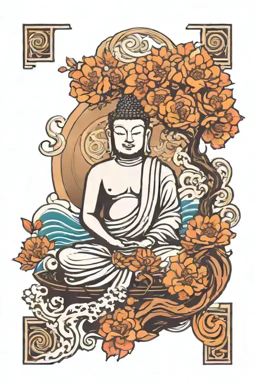 Budha With Tree And Ocean Wave Crashing