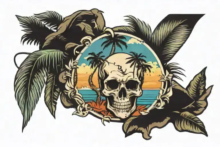 Skull And Beach Scene With Palm