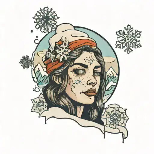 Girl Overlooking Ocean And Mountains In Snow And A Snowflake Melting On Her Cheek