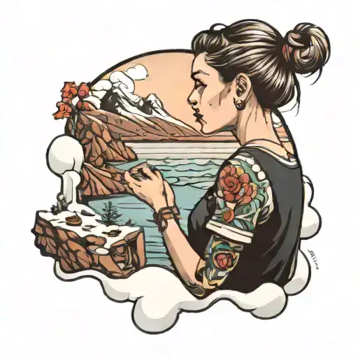 Girl Overlooking Ocean And Mountains In Snow