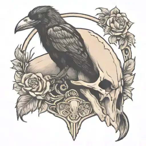 Buffalo Skull With A Crow Perched Regally
