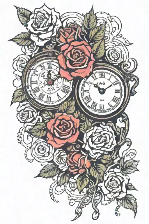 Old Clock With Roses Chain Going Down Arm To More Roses With Name Kristina