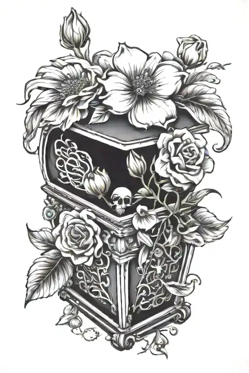 3D Tattoo Of A Casket With A Aingle Flower Inside The Casket