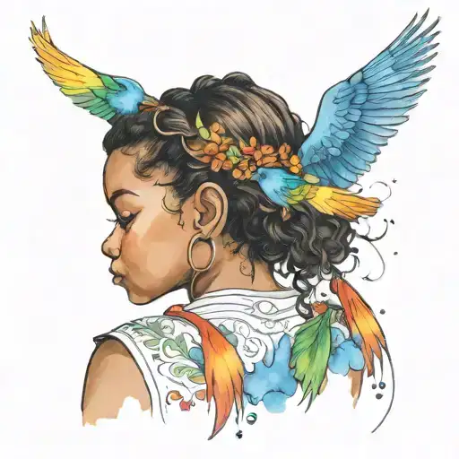 Little Black Girl Back Profile Turning Into Birds Looking At Watercolor Rainbow And Bluebird
