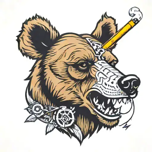 Bear Head Smoking Blunt Crossed With 2 Guns Money Drugs