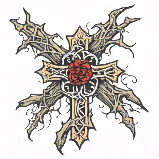 Wooden Cross With Crown Of Thorns Hanging Off It