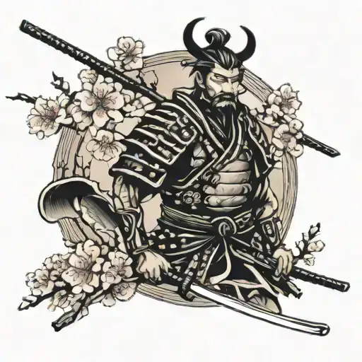 Samurai With Pagoda And Cherry Blossoms
