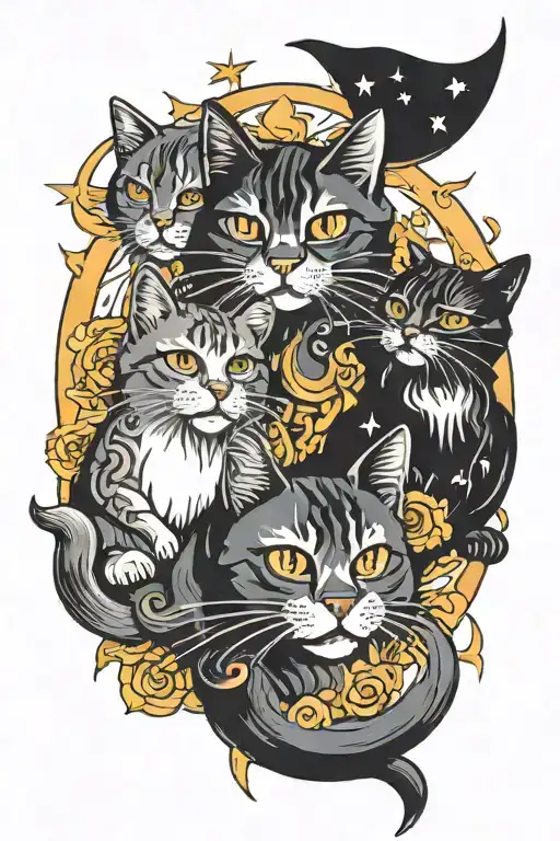 Three Cats With Sun Moon And Star Sign