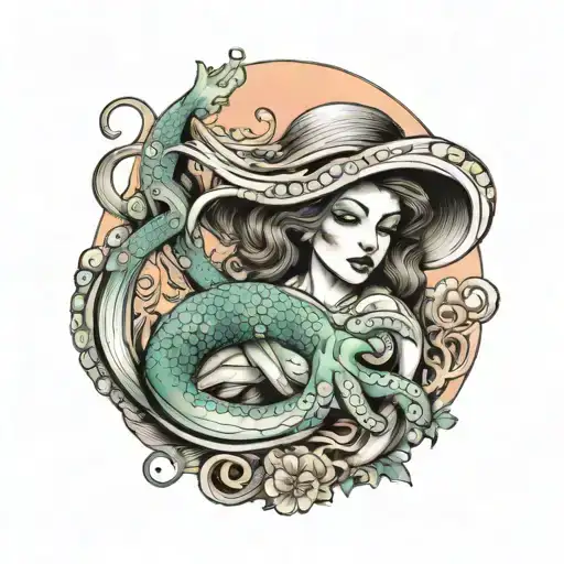 Octopus Taring A Mermaid In Half Sleeve