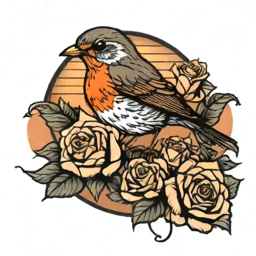 Robin Perched On A Rose With A Sunset In The Back