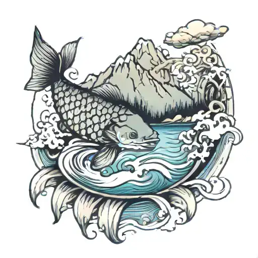 An Islnad With A Large Moutain With A Carp Fish Circuling Around It In The Water