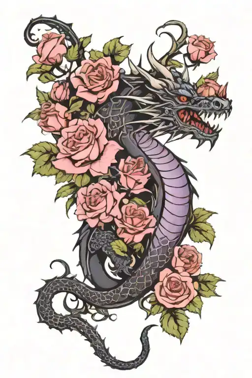 Gothic Black And Purple Dragon Emerging With Roses