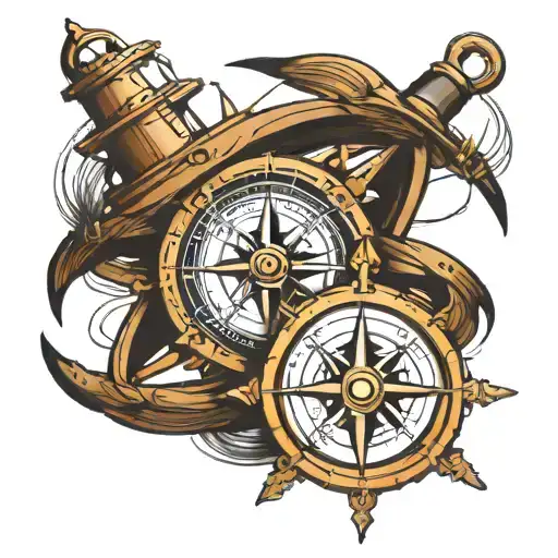 Nautical Compass Set Inside A Ships Wheel