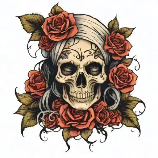 Woman Hold A Skull With Roses And A Vine Wrapped Around Her Head
