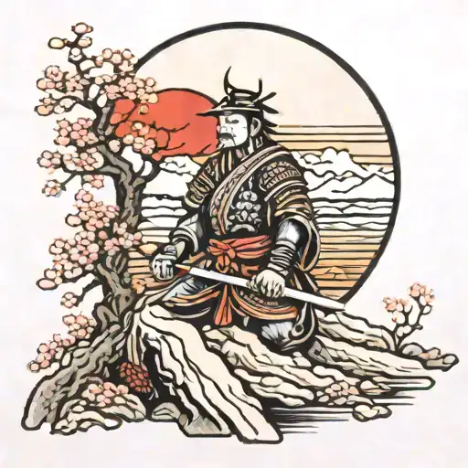 Samurai In Front Of A Moon And Cherry Tree And Mountain With Sun