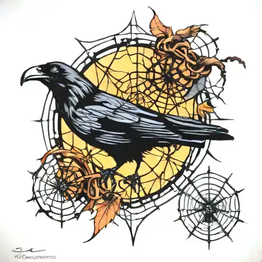 Raven And Spider In Web Intertwined