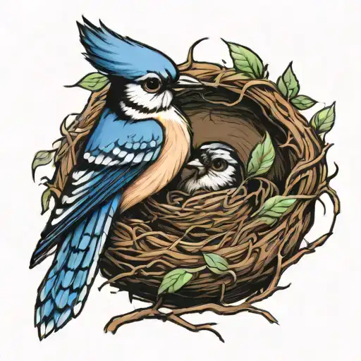 Bluejay In A Nest With A Baby Bluejay