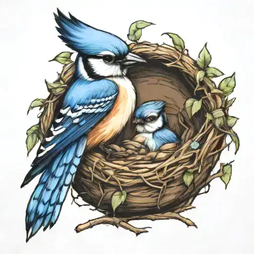 Bluejay In A Nest With A Baby Bluejay