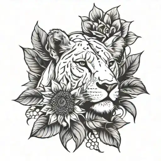 Lioness And Sunflower Intertwined