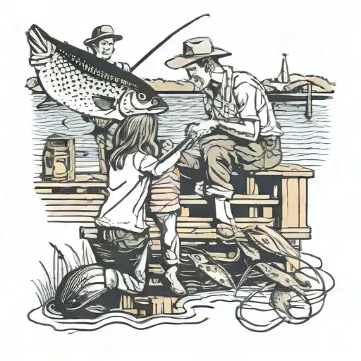 Dad And Daughter Fishing On Dock With Fish On One Of The Fishing Pulls