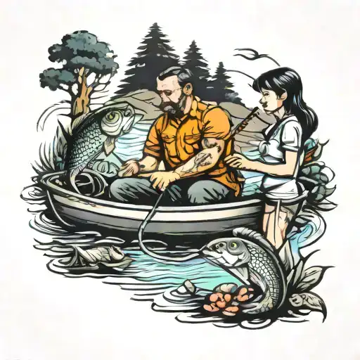 Dad And Daughter Fishing Scene