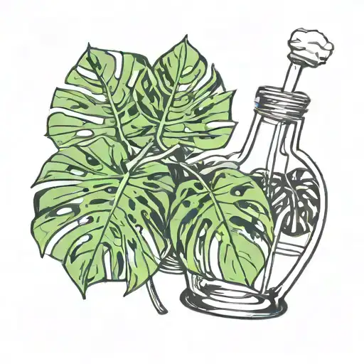 Line Drawing Of Two Monstera Leaves In One Conical Flask