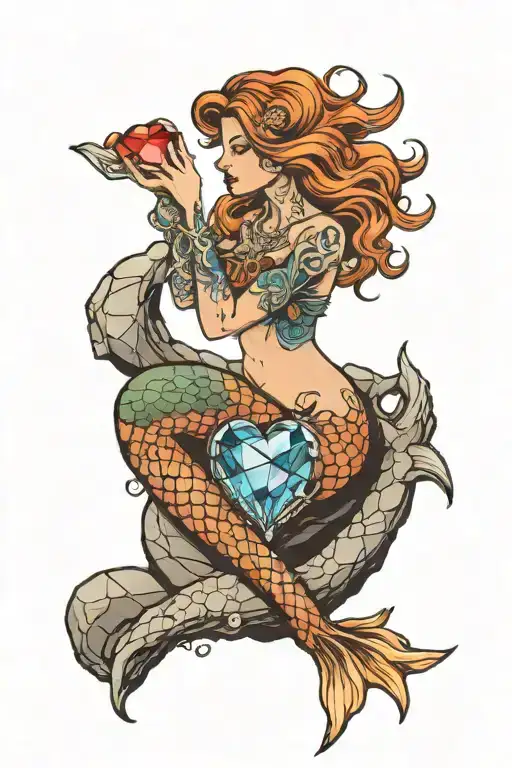 Mermaid Holding Crystal Heart Sitting On Rock With Sunrise Behind