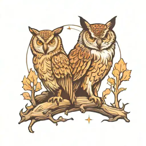 Owl And Wolf In Forest At Night Scene