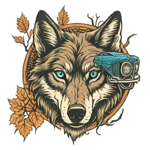 Wolf With Blue Eyes In A Forest With Classic Car