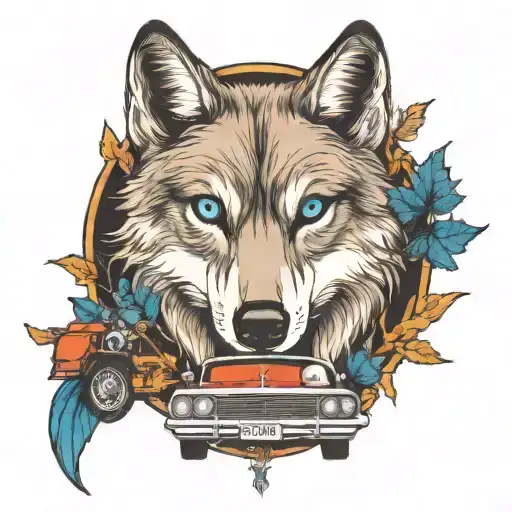Wolf With Blue Eyes In A Forest With Classic Car