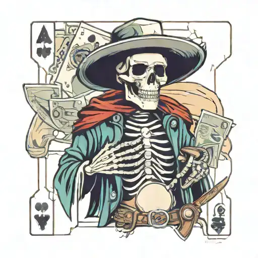 Skeleton Cowboy With Hat And Pancho In An Abandoned Town With Poker Cards Western Themed