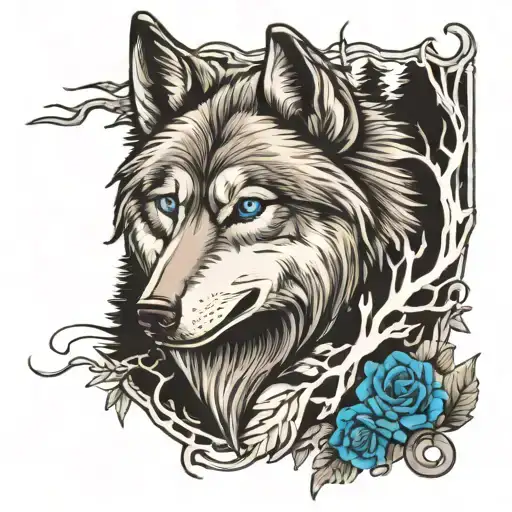 Wolf With Blue Eyes In A Forest With Classic Car