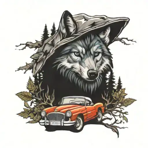 Forest With A Wolf With Blue Eyes On Hood Of A Classic Car