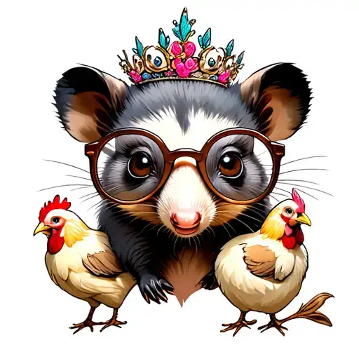 Possum With Tiara Round Large Glasses With Chickens In The Background