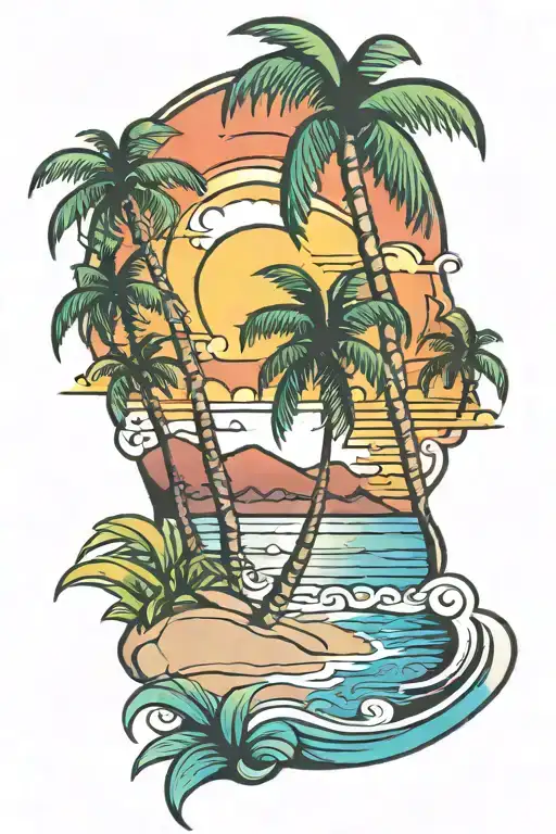 Beach Shore With Palm Trees Colors Sunset