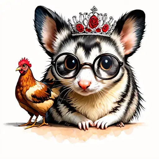Possum With Tiara Round Large Glasses With Chickens And Tortie Cat In The Background