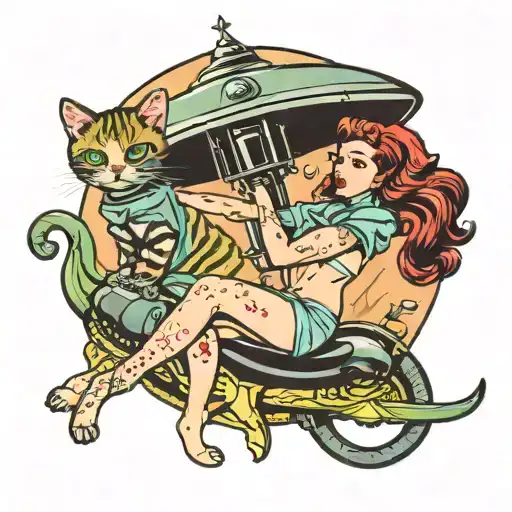 Ufo Abducting A Pin Up Girl Holding A Cat