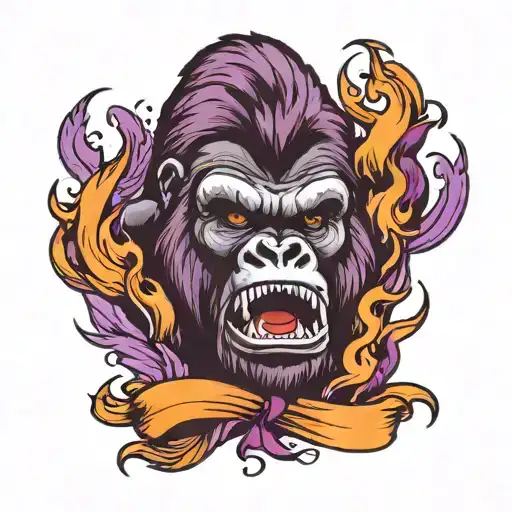 Gorilla Face With Fire Around It And A Purple Jiu Jitsu Ribbon On The Neck