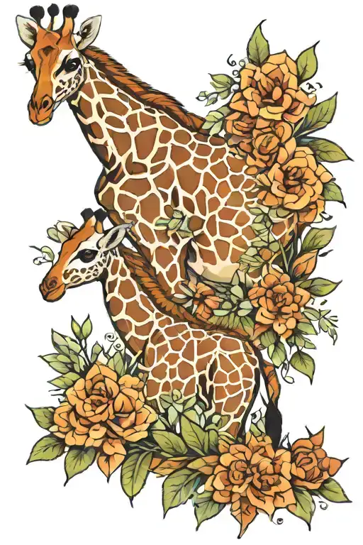 Mum And Baby Giraffe Surrounded By Flowers