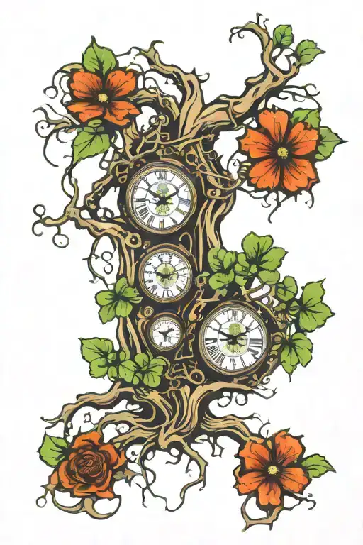2 Clocks With Gears Hanging From The Roots Of A Banyan Tree In Florida With Four Leaf Clovers