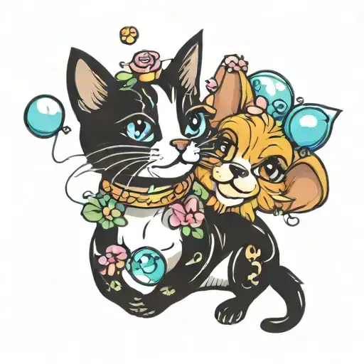 Cat And Dog Tattoo With Bubbles Balloon And Orchid