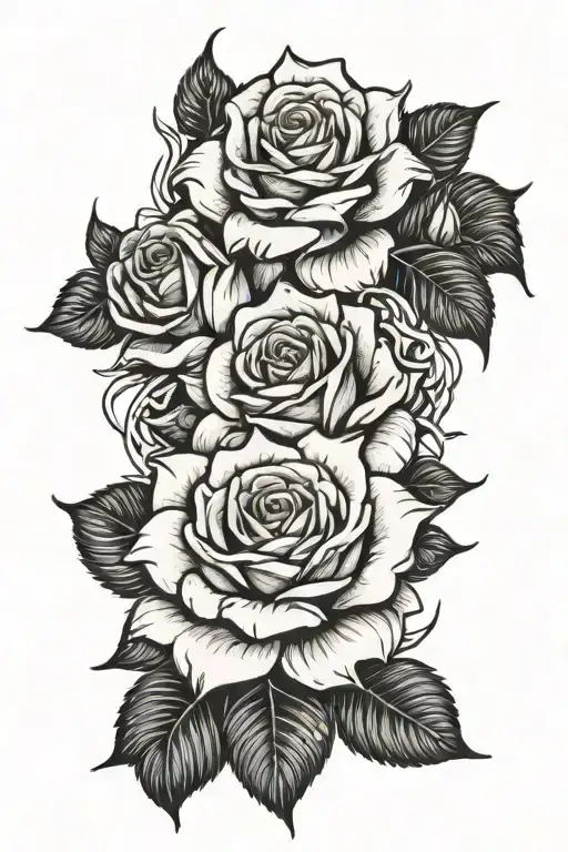 Black And White Tattoo With A Sun And Three Roses